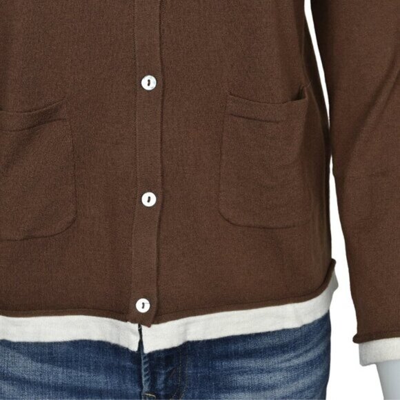 NWT Zara Contrast Trim Knit Cardigan Sweater Brown Long Sleeve Size Medium - Picture 6 of 12